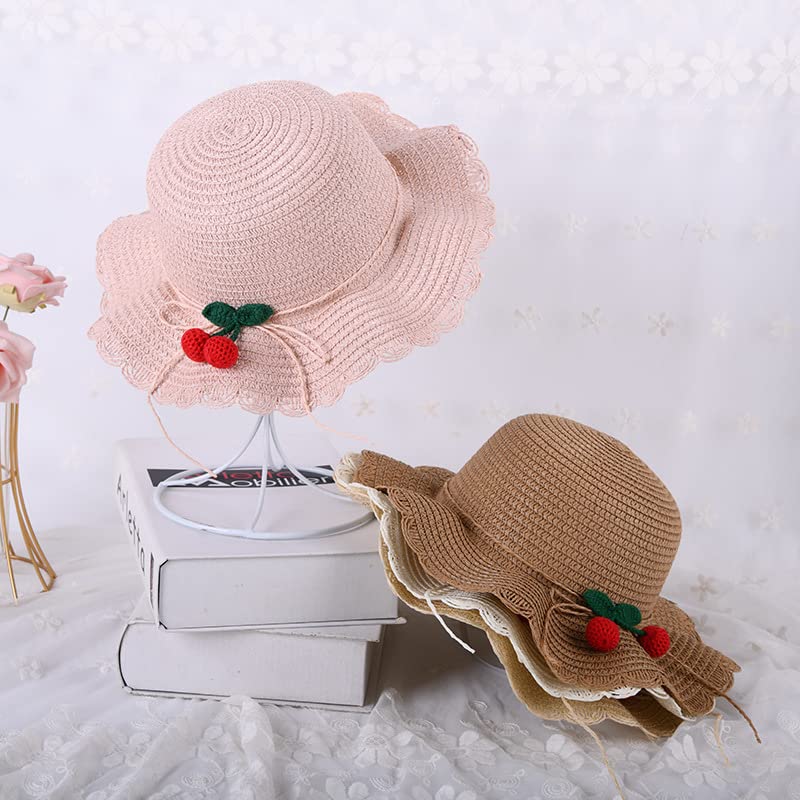 Sombrero de Verano para niña + Bonito Sombrero de Paja con Protector Solar de Cereza (marrón, Talla única)