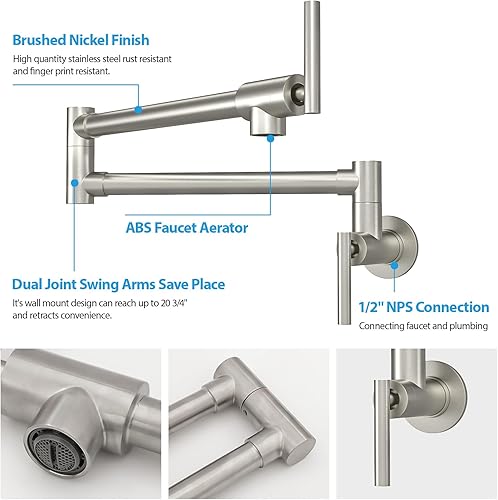 Miniatura 4 de Sarlai - Grifo de llenado de ollas de níquel cepillado  Grifo de llenado de ollas de acero inoxidable níquel cepillado plegable de dos manijas con