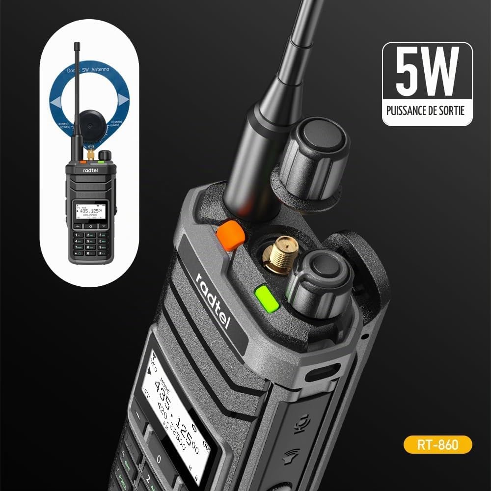 Radtel RT-860 Radio Amateur Multibande HF UHF VHF Bi-Bande avec Réception AM USB LSB CW CB LW MW SW SSB, 1024 Canaux, Batterie 2000mAh, Recharge Type-C (avec Antennes SW/MW)