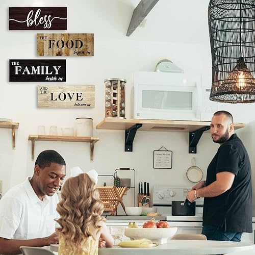 Miniatura 4 de Creoate Letreros de cocina para decoración de pared, 4 piezas de madera con texto en inglés "Bless Food" para decoración de pared de cocina,