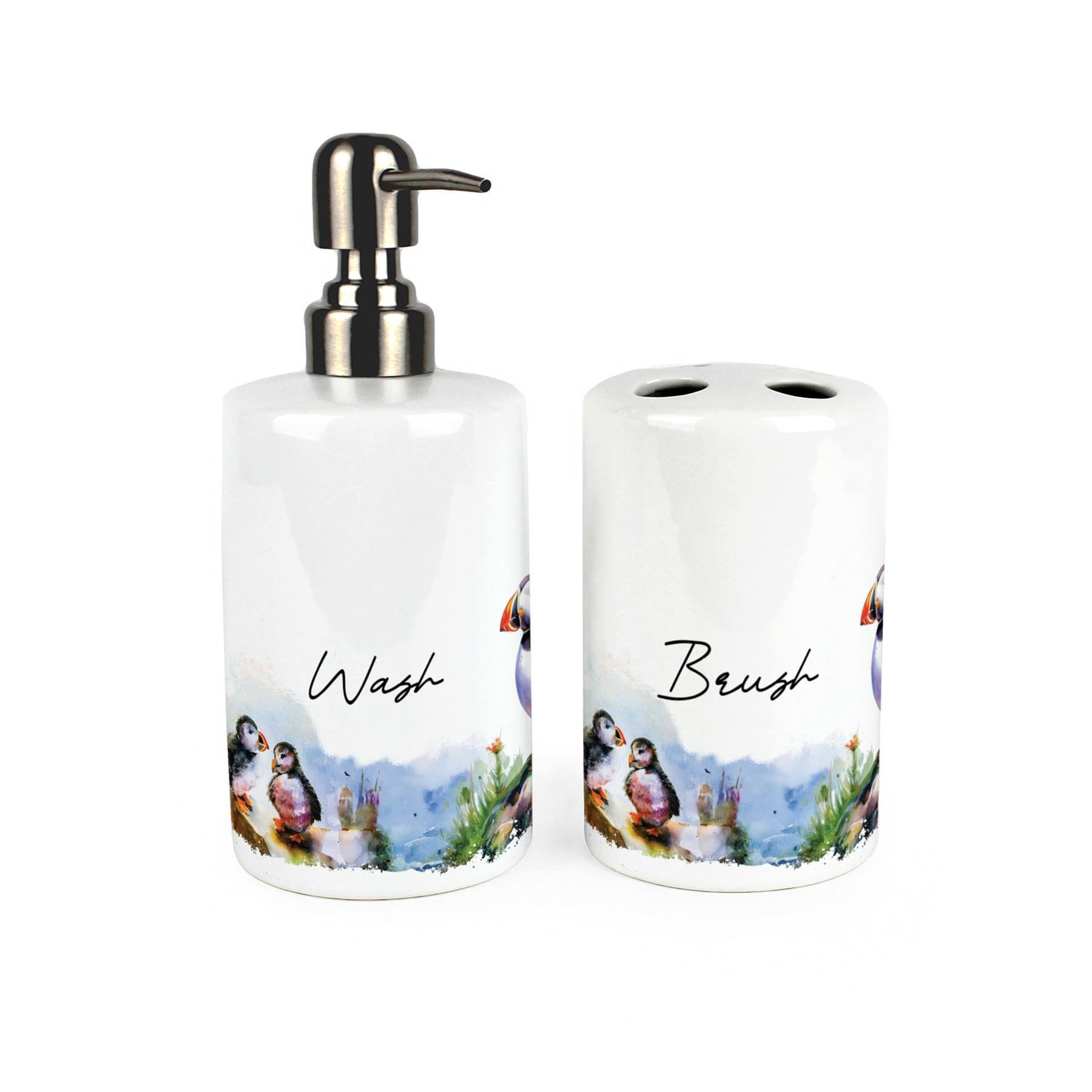 Purely Home Puffins Bathroom SetRefillable Ceramic Soap Dispenser & Toothbrush Holder from B&Q