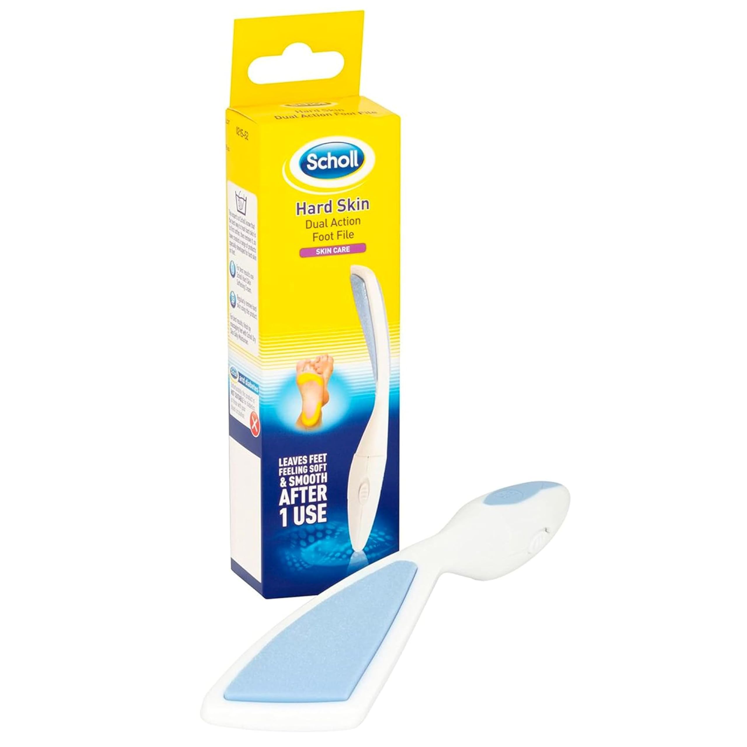 Scholl Hard Skin Dual Action Foot File - Hard Skin Removal and Rough Skin Smoothing for Soft Feet, Double-Sided with Coarse and Fine Sides, Extendable Soft Grip Handle, Washable & Reusable, 1 Unit