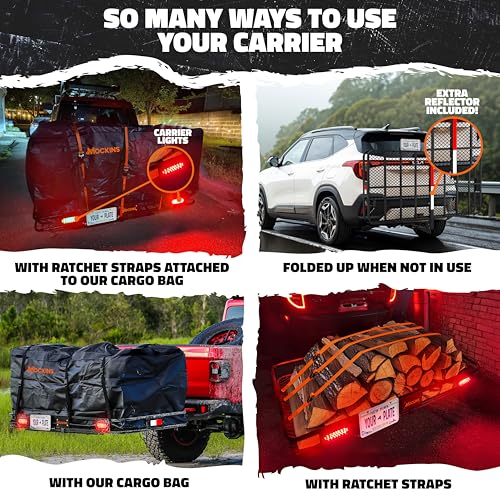 Mockins XXL 72"x36"x6" Folding Trailer Hitch Cargo Carrier w/ 50 CuFt Waterproof Cargo Bag for Hitch Carrier | 500 Lbs Cap Luggage Rack for SUV Car & Truck w/Rear Lights, License Plate Holder & More