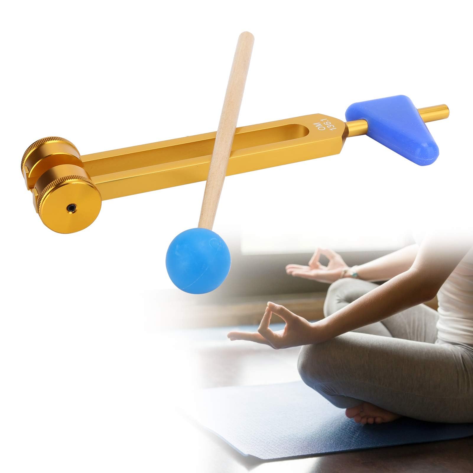 Agatige Set Diapason, Diapason in Lega di Alluminio Om 136.1HZ, Diapason per Terapia Sonora con Martello e Custodia per Meditazione, Yoga e Altro(Oro)