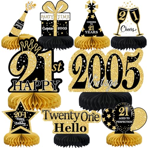Image of 9Pcs Black Gold 21st Birthday Decorations Honeycomb Centerpieces for Girls,Happy 21st Birthday Centerpieces Tables Toppers Party Decorations Supplies,Vintage 2005 Aged Table Sign Decor