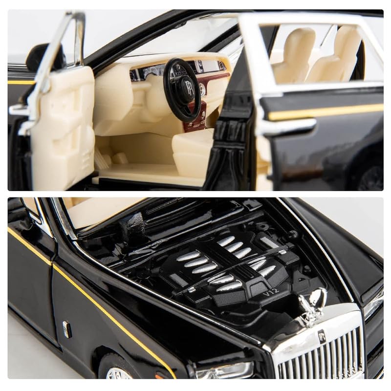 Image of Kids Model 1:24 Rolls-Royce Phantom Die Cast Metal Car Pull Back Action Opening Doors with Realistic Engine Sound Lights Toy Car Gift for Boys -Black