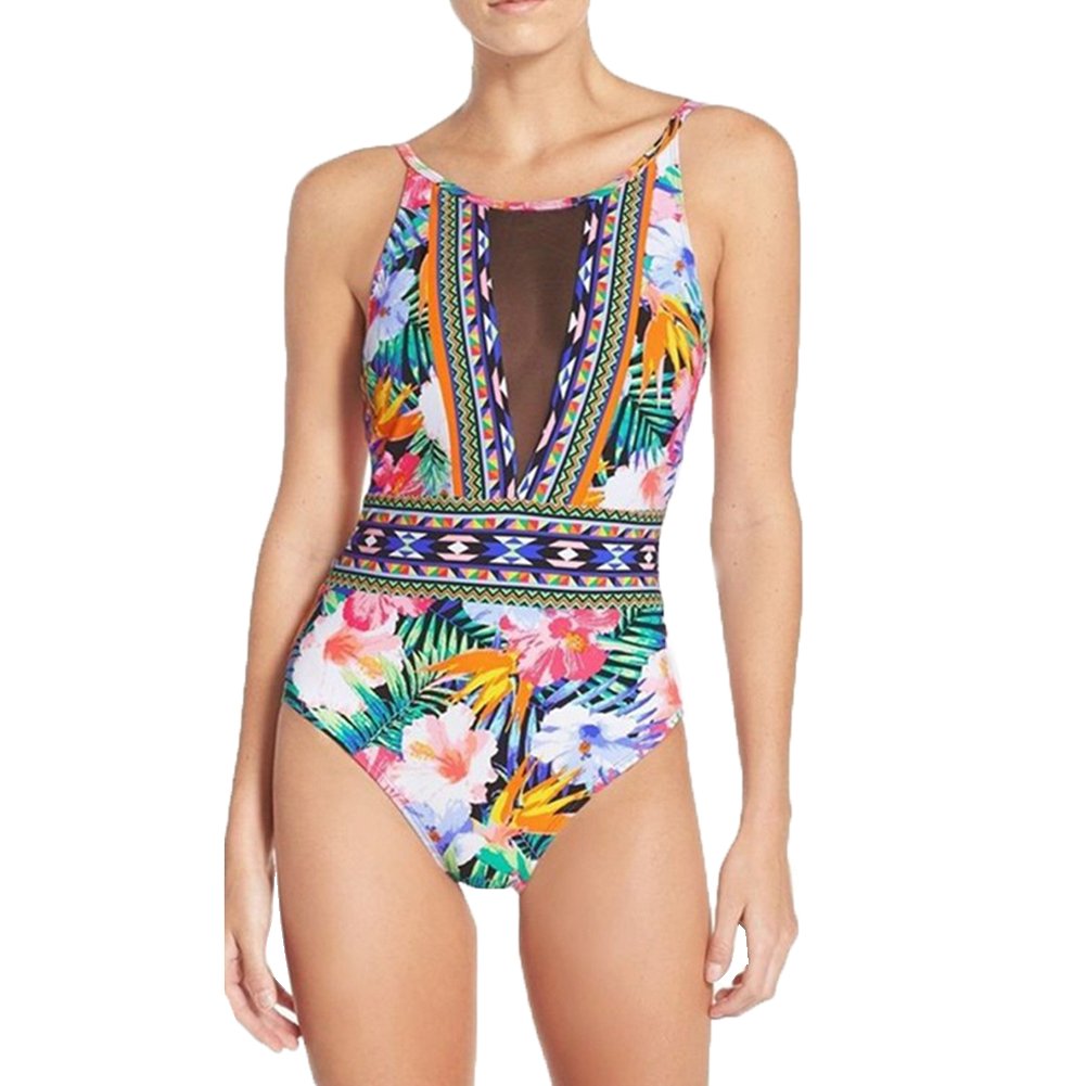 Women’s Mesh V Neck Floral Printed Swimsuits Bathing Suits - One Piece Sexy High Waisted Backless Vintage Bikini Monokini Swimwear (M)