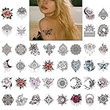 ANIUVOT Large Realistic Black Henna Flower Temporary Tattoos Individual 40 Pack for Adults Women and Girls, Long Lasting Fake Hand Neck Arm Body Art Stickers - Peacock, Flower, Rose, Wolf Styles