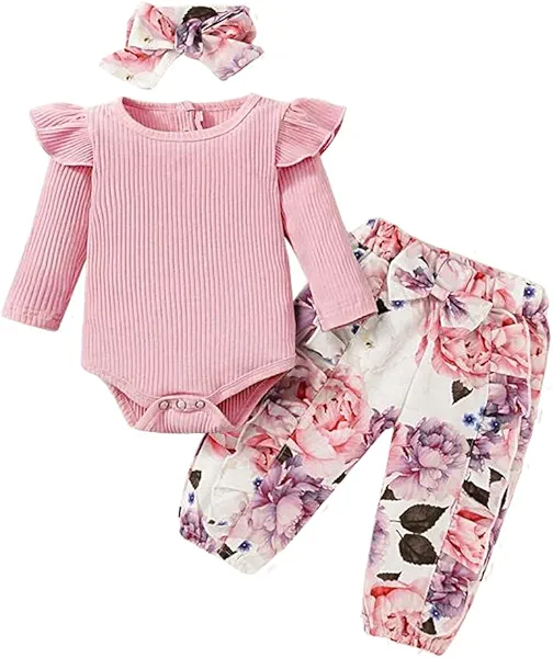 Aoswep Newborn Baby Girl Clothes Infant Girl Outfits Long Sleeve Ruffle Romper + Floral Pants + Headband Set
