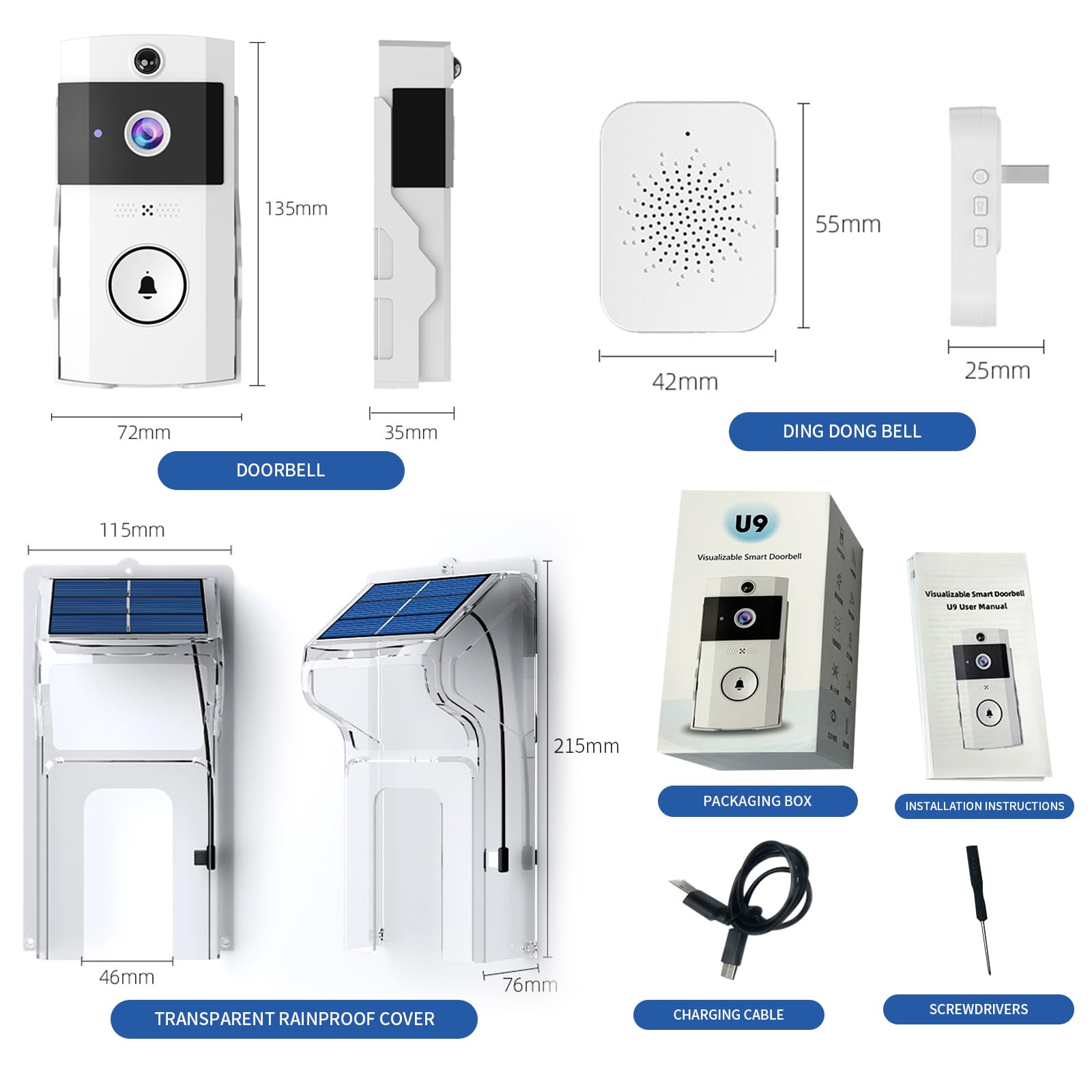 OBEST Timbre de puerta con cámara, inalámbrico, timbre con cámara, ultra largo, en espera, puede con aplicación y energía solar recargable, impermeable y persiana, se adapta a todo tipo de condiciones