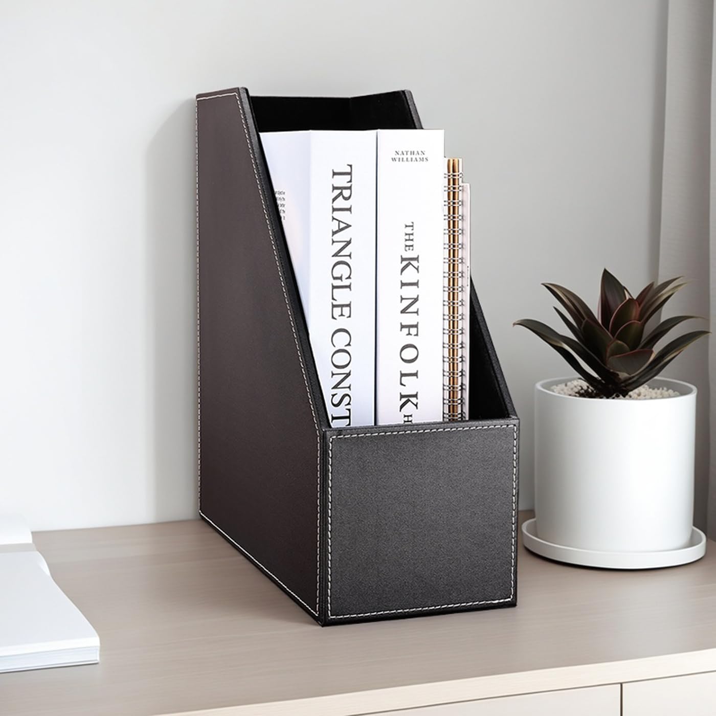 KINGFOM Porte-revues A4 en cuir (Noir, 2 Compartiments)