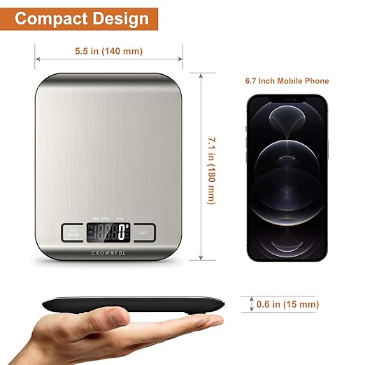 The CROWNFUL Food Scale is a versatile digital kitchen scale designed to assist with accurate measurement needs for cooking and baking. It has a maximum weighing capacity of 11 pounds (approximately 5 kilograms) and can display measurements in various units, including ounces, grams, pounds, kilograms, milliliters, and fluid ounces. This flexibility allows for precise measuring, catering to a wide range of recipes and dietary needs.