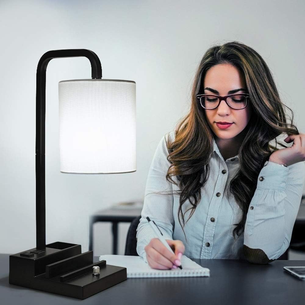 Flash Deals - 40% OFF Bedside lamp with 2 USB Ports & 1 AC Outlet, Fully Dimmable Table Lamp with Two Phone Stands & Storage Box, Linen Shade & 5000K Daylight White LED Bulb Included, Nightstand Desk Lamp for Bedrooms