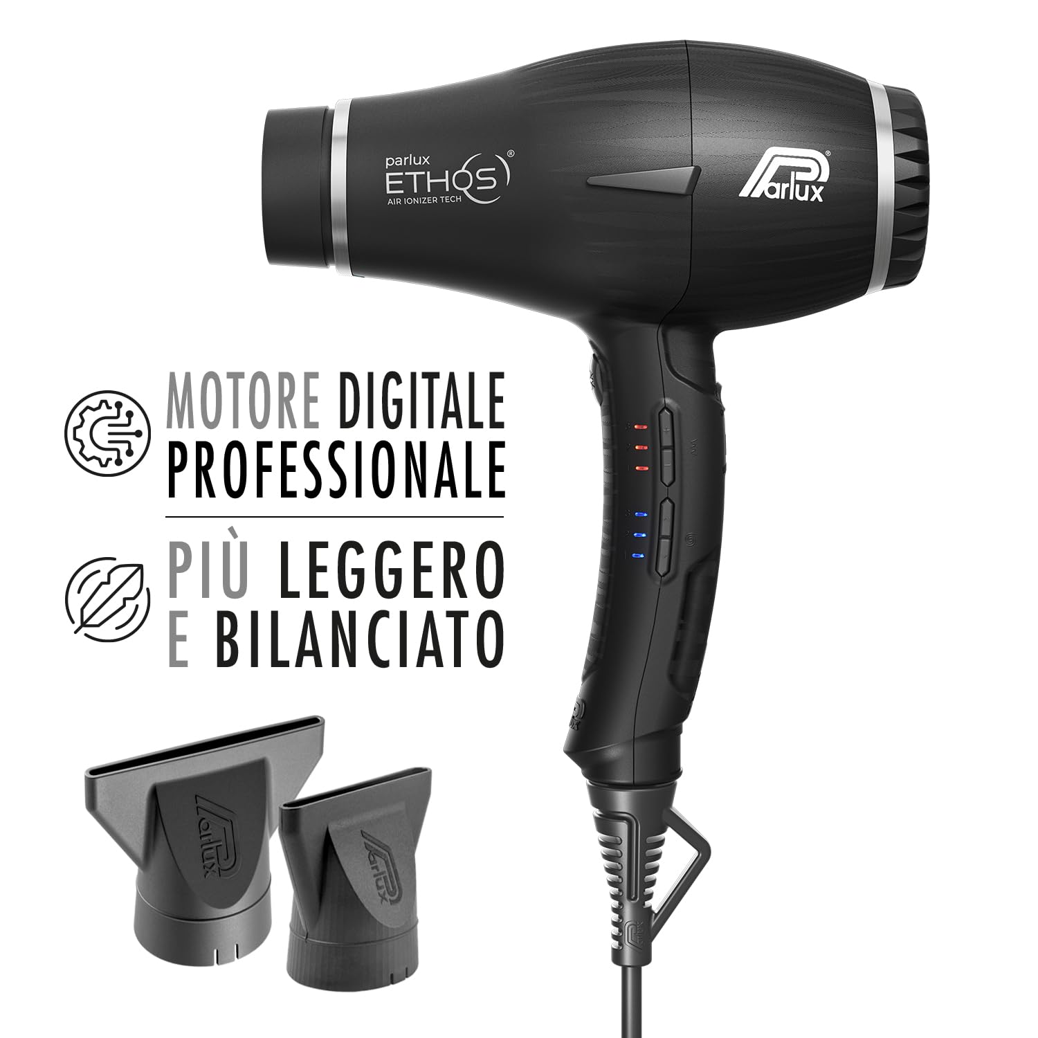 Parlux Ethos® Asciugacapelli Digitale Professionale con Ioni negativi, 9 combinazioni di Velocità e Temperatura, Cavo girevole brevettato, Potente e Leggero, Made in Italy, Colore Nero