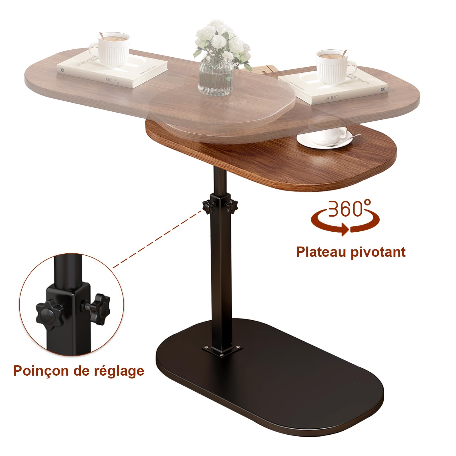 Table d'appoint en Forme de c Hauteur réglable, 360 ° Pivotante Ordinateur Portable stand pour canapé/LIT, Bois Petite Table Basse pour Salon Balcon Chambre, Design léger,Facile à Monter (Black)