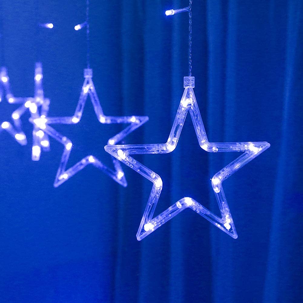 Cadena de luces LED para cortina, funciona con pilas, 2,5 m con 12 estrellas, 138 luces LED, 8 modos de luces de Navidad para árbol de Navidad, fiesta, boda, dormitorio, decoración de Navidad (azul)