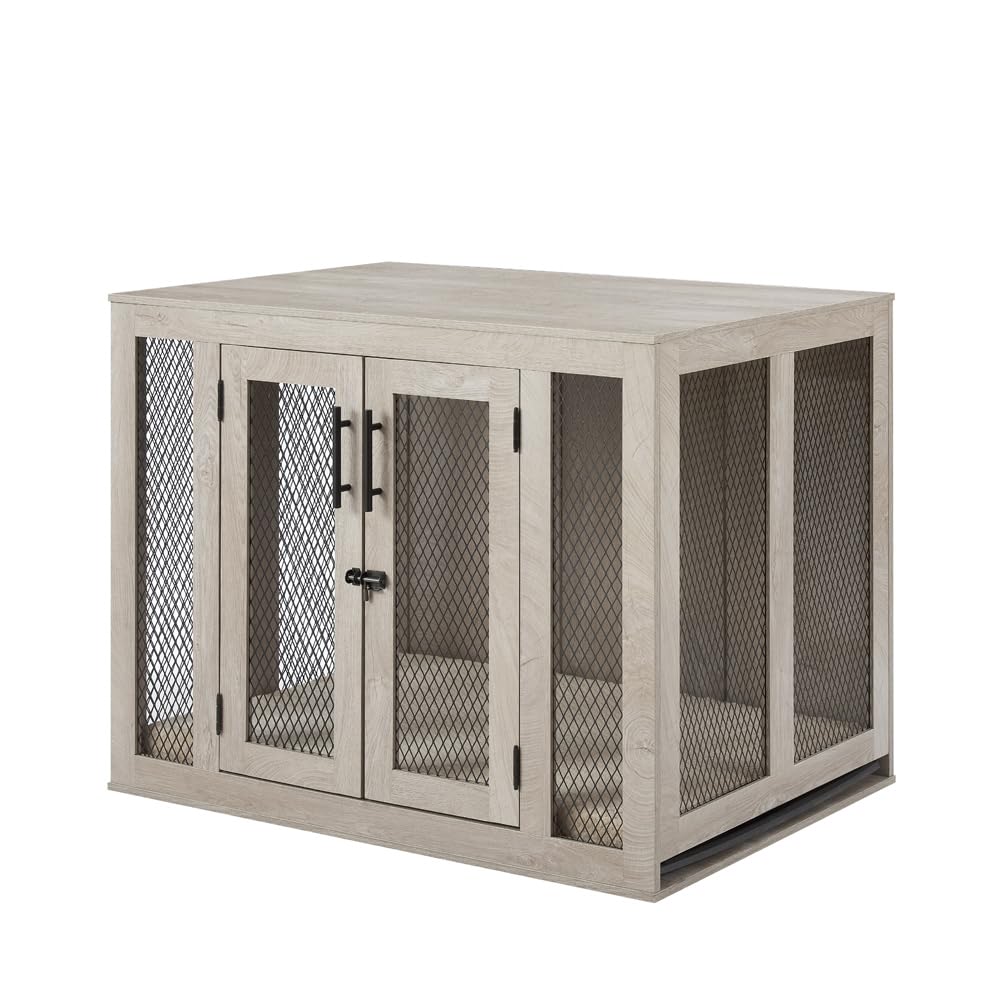 unipaws 38.5 Inch Large Dog Crate Furniture, Wooden Dog Kennel for Large Breed, Indoor Decorative Wood Dog Cage, Inside Side End Table Crate with Tray and Dog Bed, Dog Enclosure