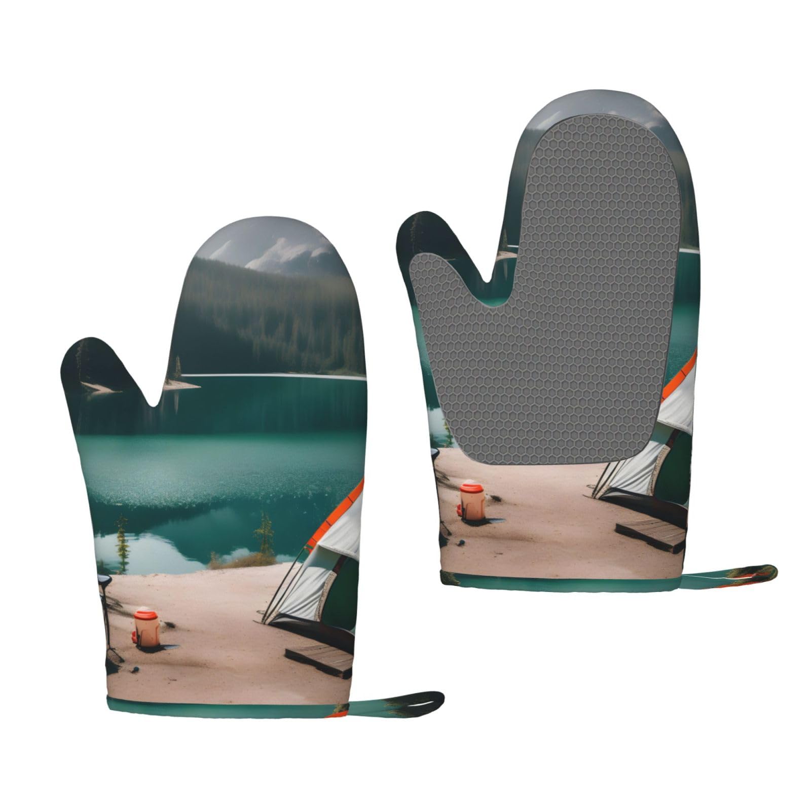 Serenity Lake Camping Print Oven Mitt Non-Slip Heat-Insulating Silicone Ovens Mitts Kitchen