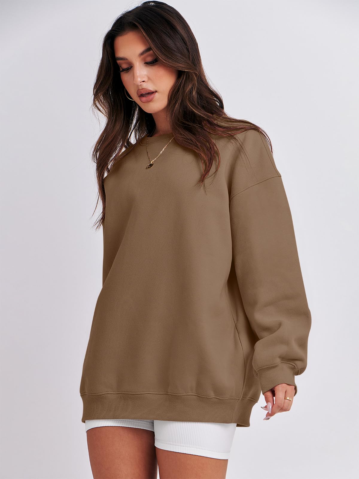Damskie bluzy oversize bluzy z kapturem polar okrągły dekolt sweter top codzienne jesienne stroje preppy ubrania nastolatki 2024 A1019 światło, Jeden kolor, Brown_X-Small