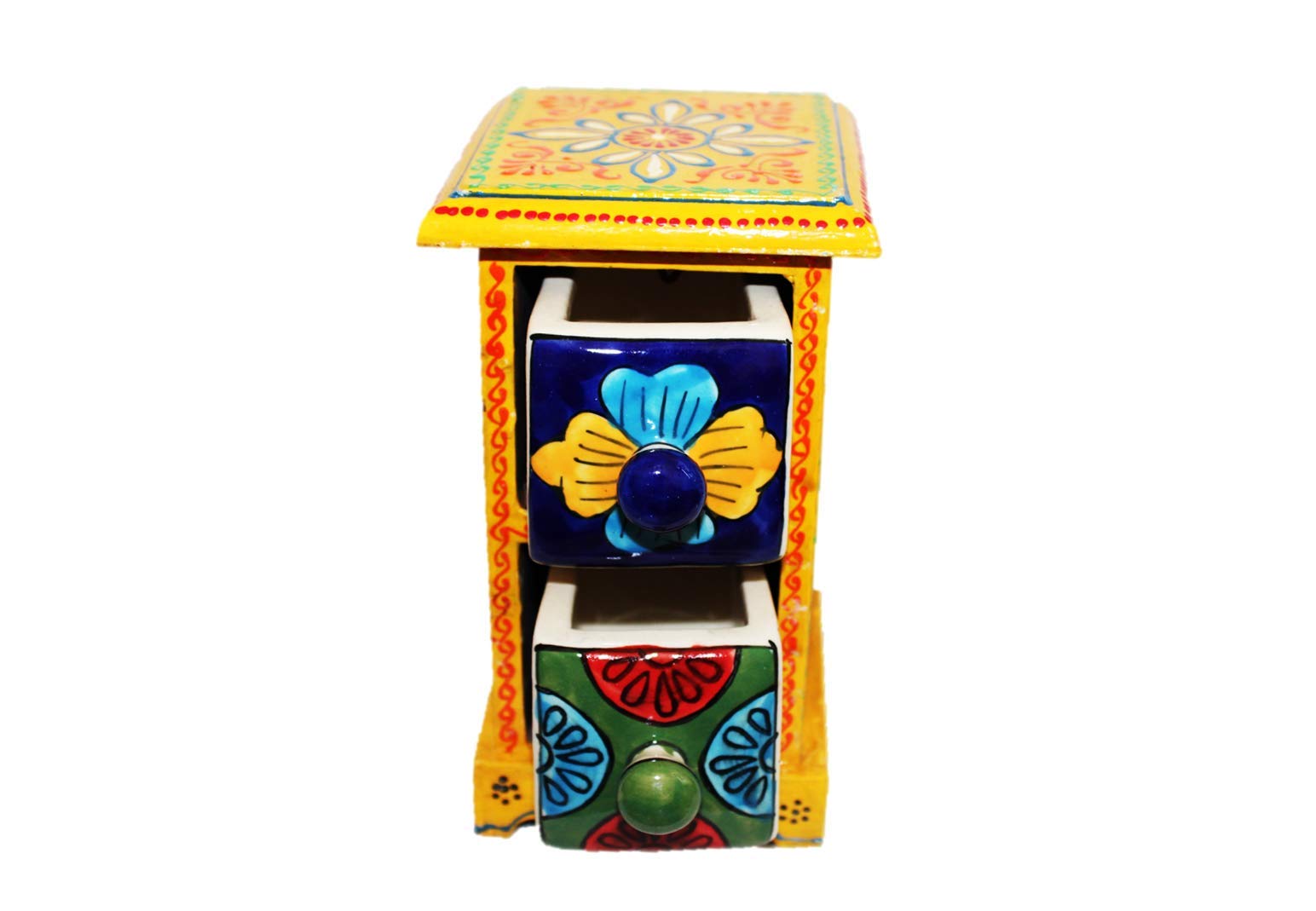 SHRIYAM CRAFT Embossed Painting Handmade Wooden and Ceramic 2 Drawers Small Chest Jewellery Organizer Desk Table (Yellow)-image-26
