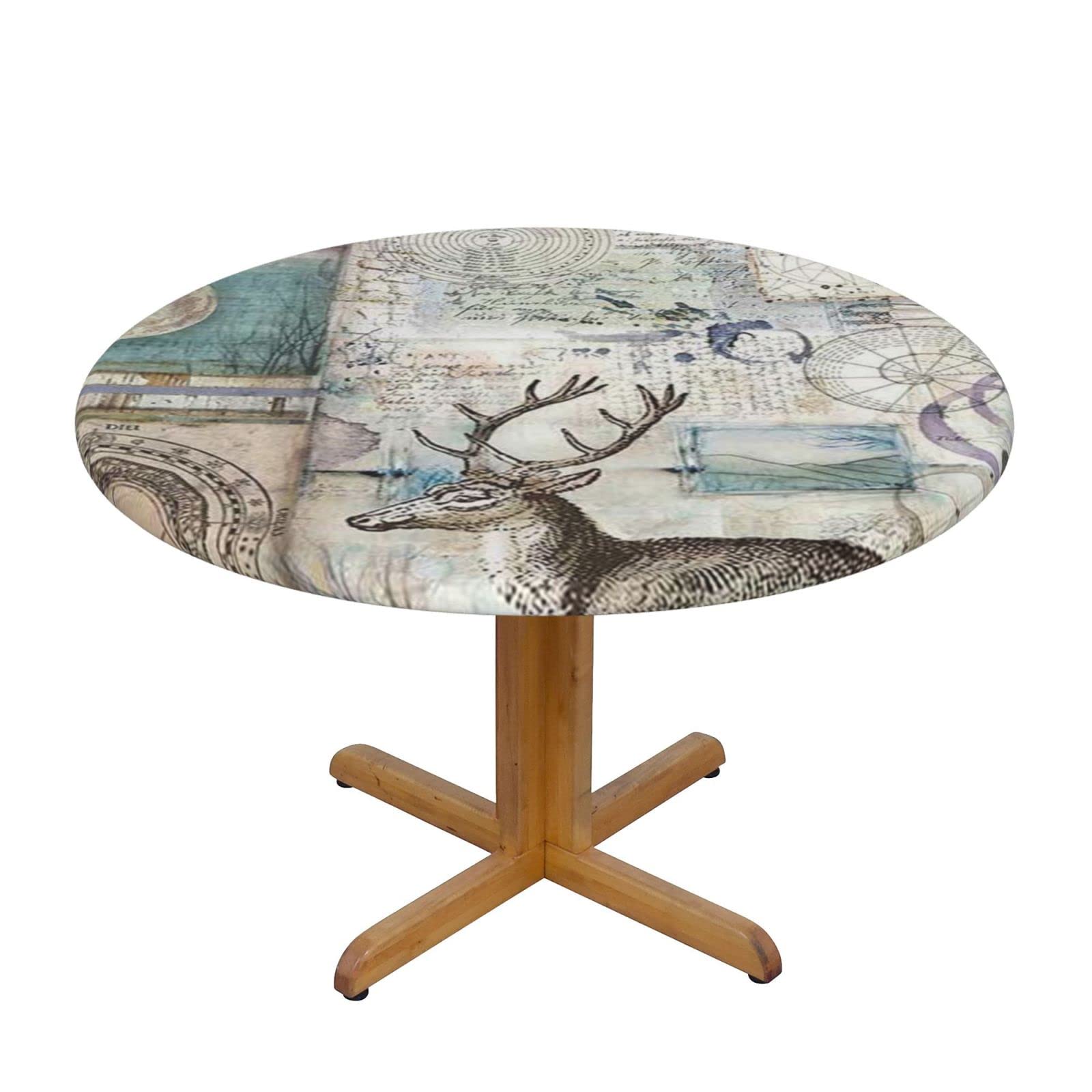 Lsjuee Round Fitted Tablecloth 45-50in Elastic Edged Table Cloth for Kitchen Dining Party Home Decor - Vintage Deer Galaxy Universe
