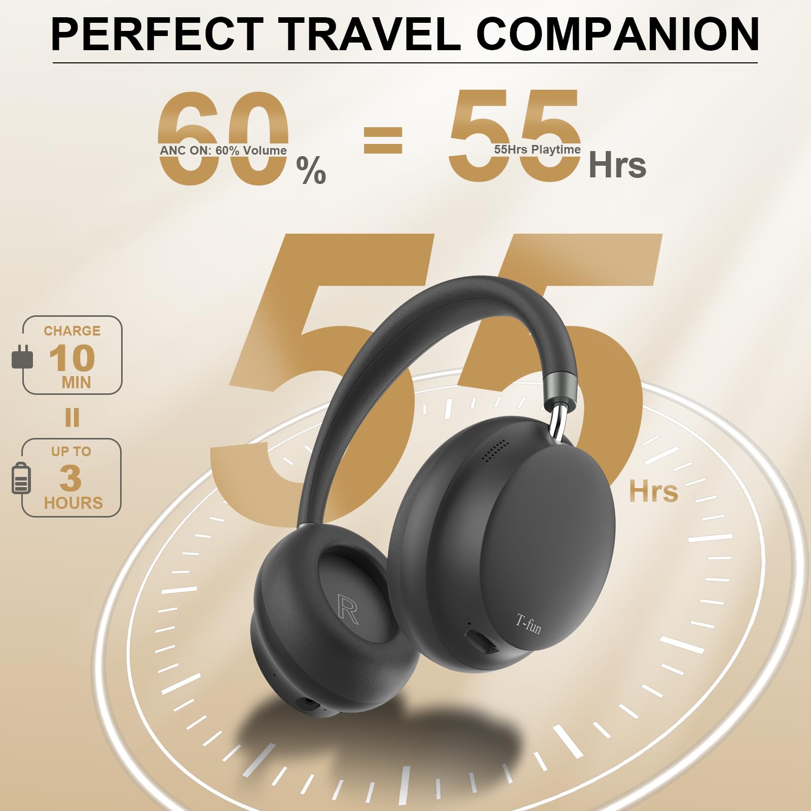 T-fun NC45 Casque sans Fil à Réduction de Bruit Active,Faible Latence, Bluetooth 5.3,égaliseur Personnalisé Via Application, 55 Heures pour Les Voyages/Le Travail