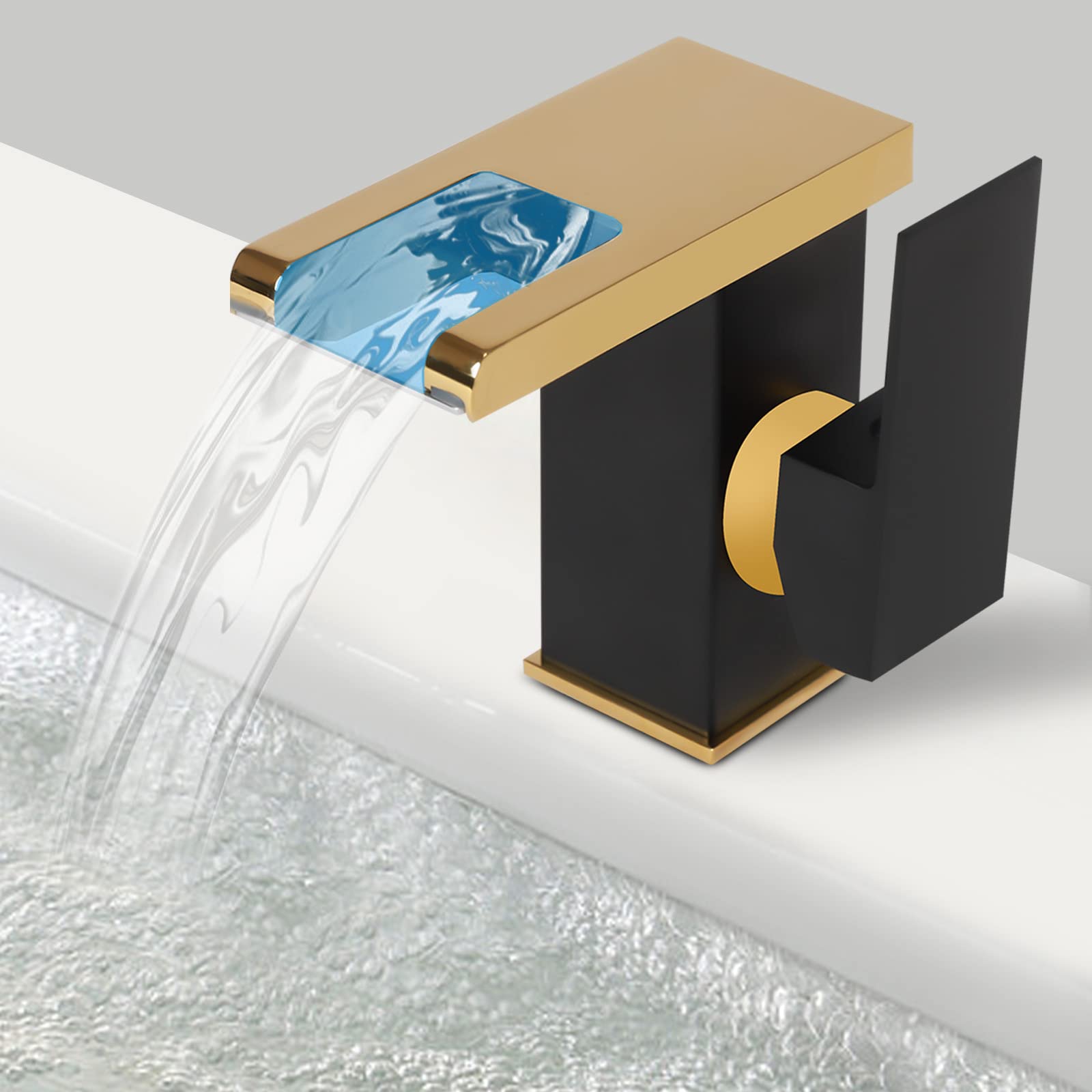 Robinet LED de lavabo cascade avec 3 couleurs de changement de température (bleu/vert/rouge), mitigeur monocommande pour lavabo, tuyaux de raccordement de 60 cm