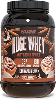 Huge Whey, Protein Powder for Muscle Gain, 25g Protein, 12g EAAs, Supports Muscle Growth, Performance & Recovery (Cinnamon Bun, 30 Servings)