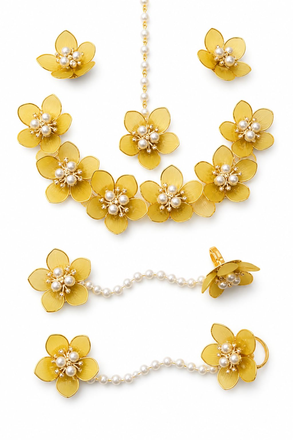 Floral Jewellery Set with Pearl Embellishments, Necklace, Earrings, Maang Tikka, Bracelet and Ring, Bridal-image-14