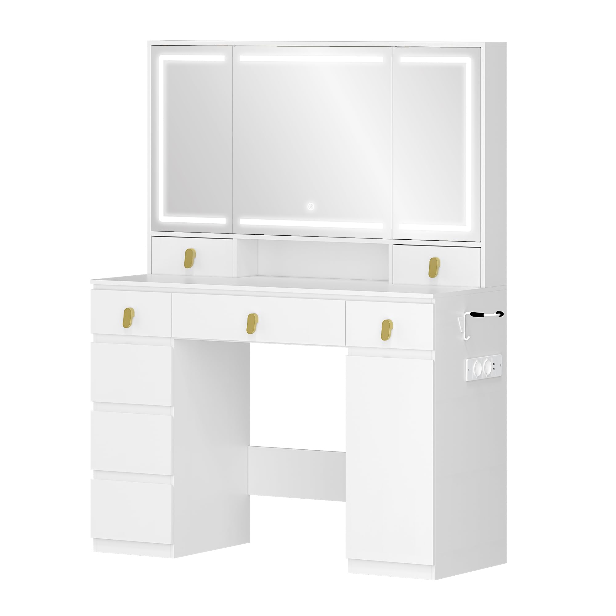 Hzuaneri Toeletta da Trucco Grande con Illuminazione a LED, con Presa e Porta Asciugacapelli, 3 Colori, Luminosità Regolabile, Tavolo da Trucco con Specchio, 8 Cassetti 1 Armadietti, Bianco DT42003XEU