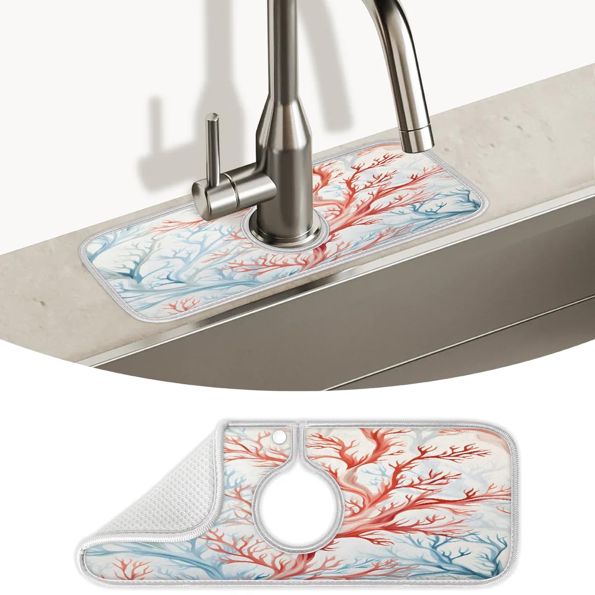 Kitchen Faucet Mat, Oceanaire Coral Design Absorbent Microfiber Fabric, Machine Washable Splash Guard & Drip Catcher For Around Faucet Handle, Ocean Theme
