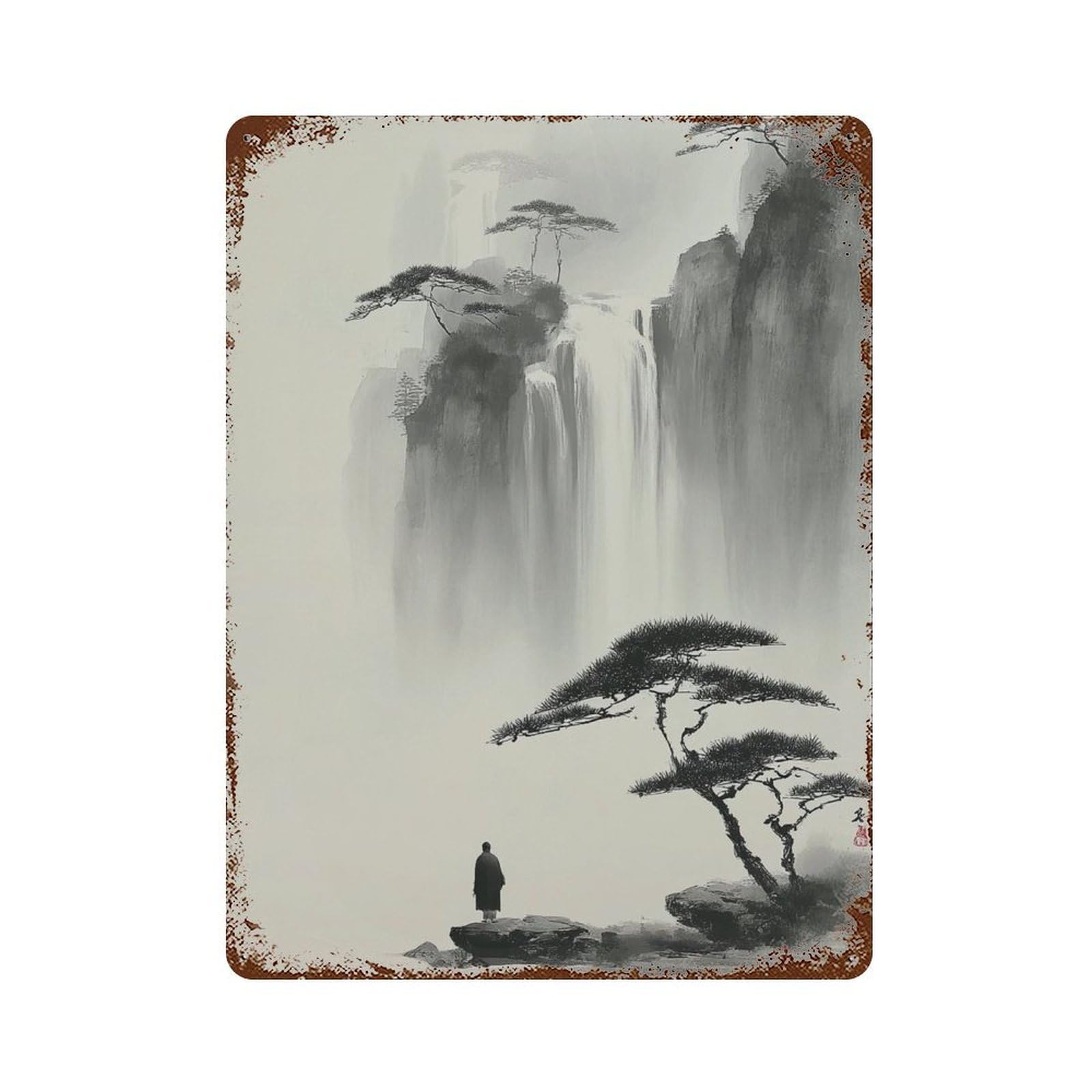 xiaoxiaoshen Japanese Ink Landscape Zen Waterfall Painting Minimal Black And White Asian Brus Wall Decor Art Metal Tin Poster Modern Home Decor Art Home Bar Shop Decorations Vintage Sign 40x30cm