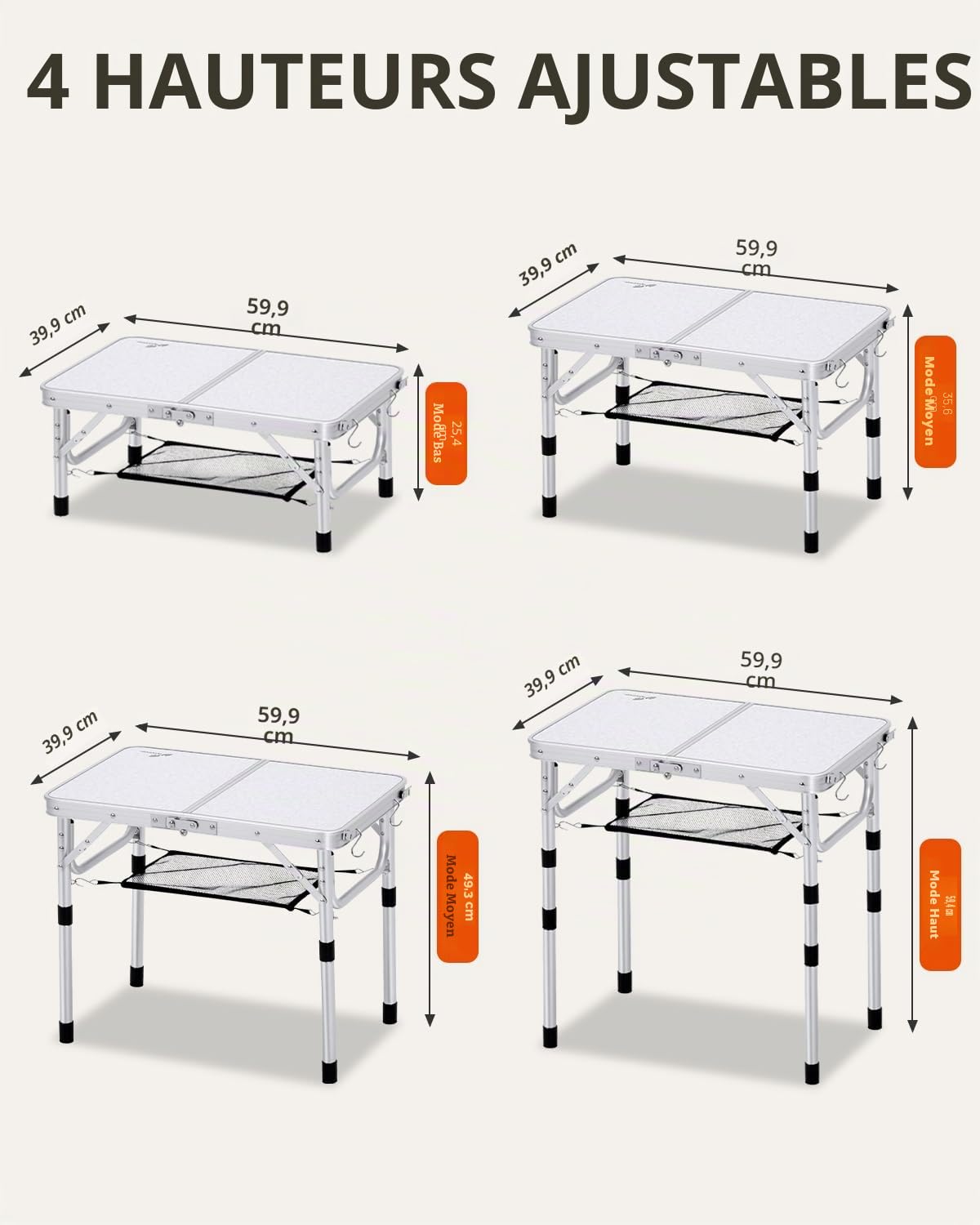 Table de Camping Pliante Sportneer 4 Hauteurs Réglables 60×40 cm Aluminium