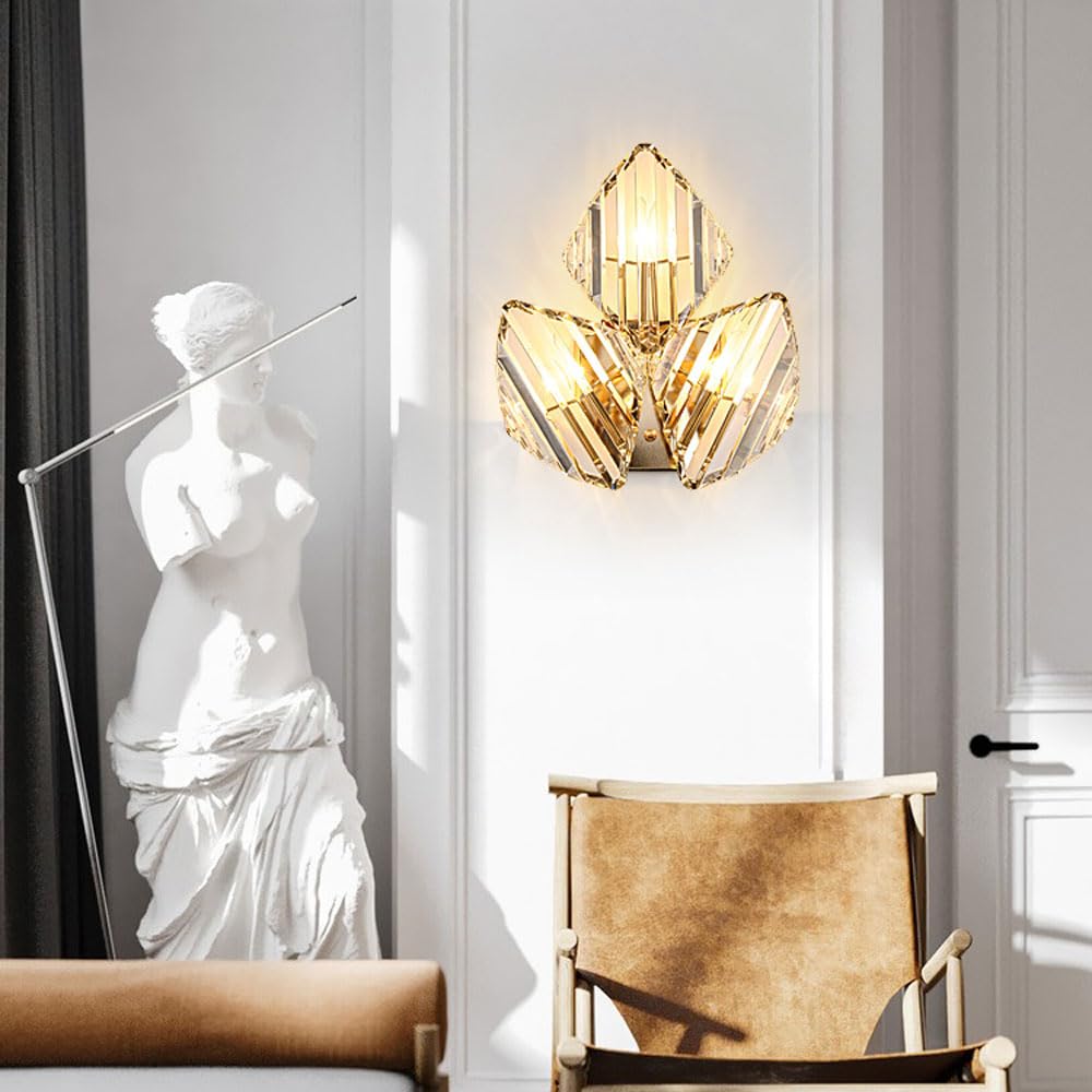 ICEMOB 3-flammige Gold-Eisen-Wandleuchte, modernes Licht, Diamant-Glas-Wandleuchte, Wandleuchte, Schlafzimmer-Wandleuchte, Badezimmer-Waschtischleuchte für Flur, Wohnzimmer, Küche