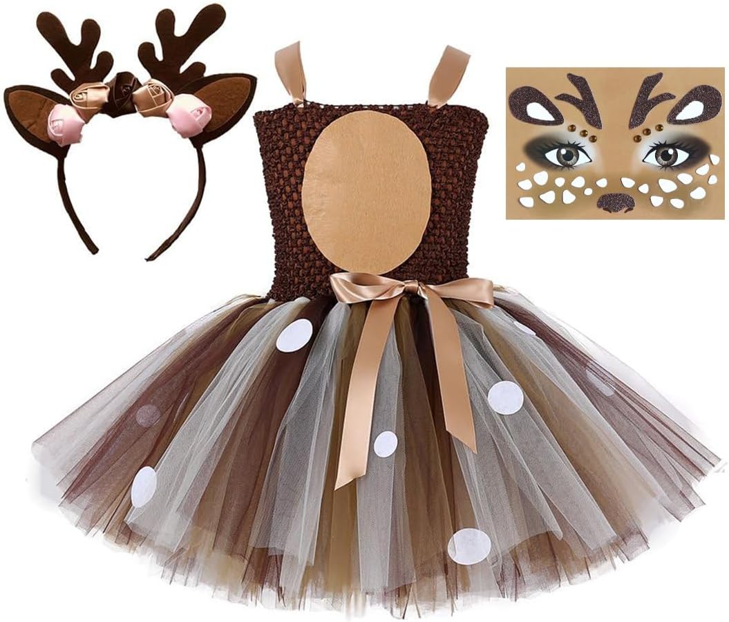 Tutu Dreams Halloween Animal Costumes for Kids Girls 1-10Y Reindeer Giraffe Tiger with Headband Halloween Dress Up Clothes Deer B 8-9 Years