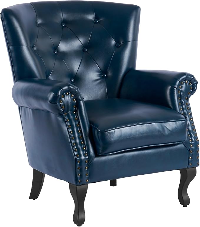 MOJAY PU Leather Accent Chair, Mid-Century Modern Armchair Living Room Club Chair with Tufted Button & Rivet Trim, Upholstered Sofa Chair with Sturdy Wood Legs for Bedroom (Navy)