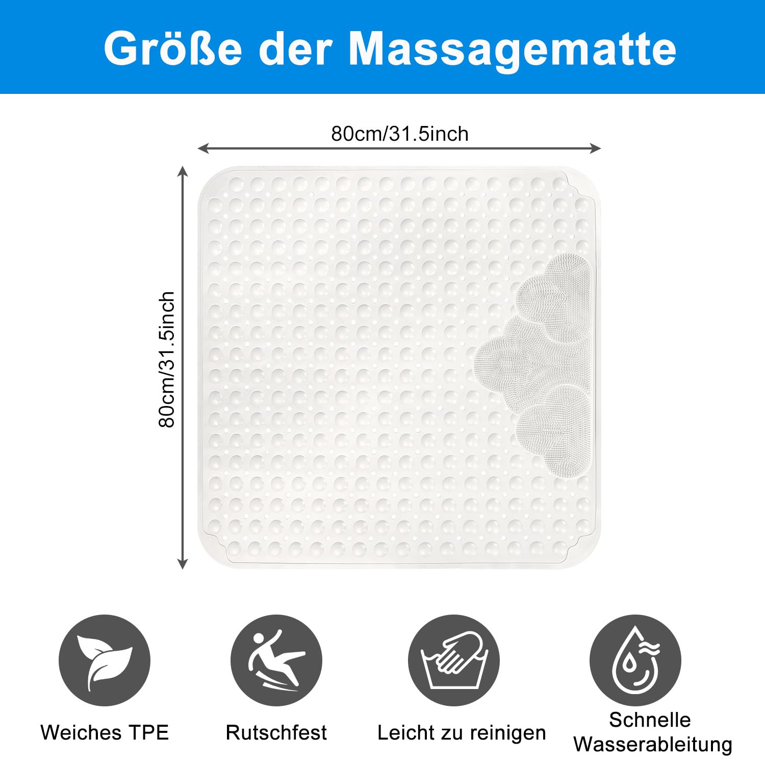 Alfombrilla de ducha antideslizante de 80 x 80 cm, TPE extra grande, alfombrilla antideslizante gruesa con ventosas, alfombrilla de ducha antideslizante pesada, alfombrilla para bañera, sin BPA