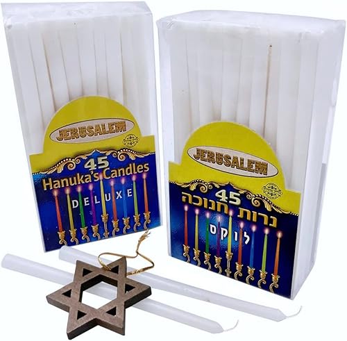2 cajas de velas de menorá de Janucá de color blanco, 45 velas por caja, kosher fabricadas en Israel, incluyendo una estrella de madera de David de