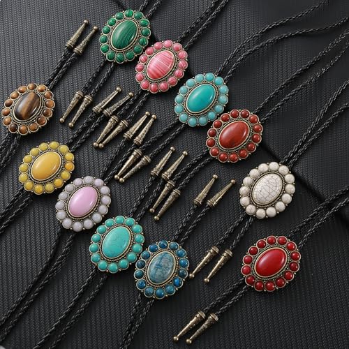 Image of GelConnie Bolo Tie for Men Women Western Cowboy Turquoise Leather Necktie | Natural Stone Bolo Tie Necklace for Women Rodeo Cowboy Leather Necktie Native American Western Cowgirl Ties Adjustable Cord
