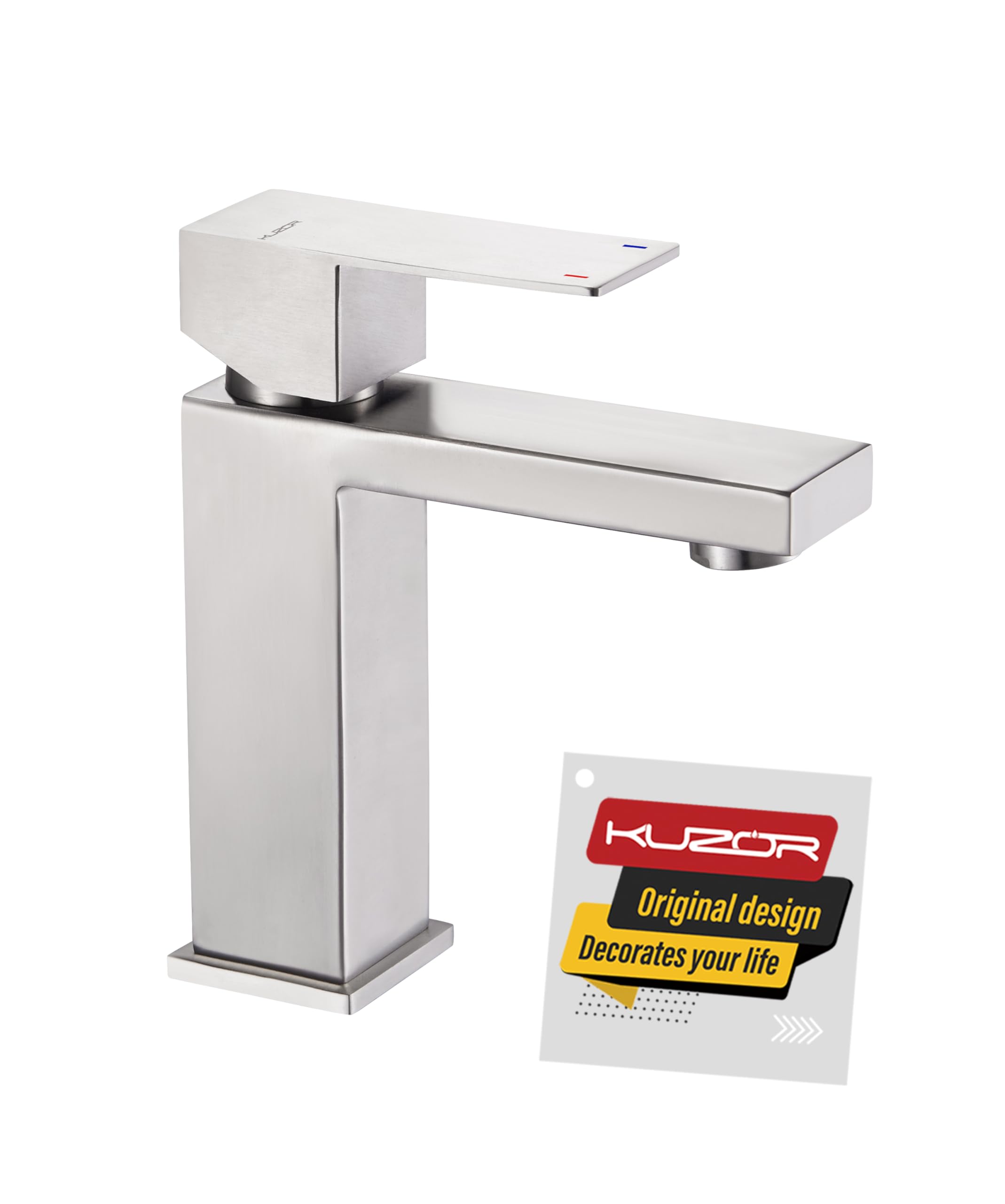 KUZOR 304 Stainless Steel Bathroom Faucet – Waterfall Single-Hole Sink Faucet, Matte Black & Shiny Gold Finish, 13.5cm Spout Height, Includes Metal Pop-Up Drain & Hoses For Vanity Or RV