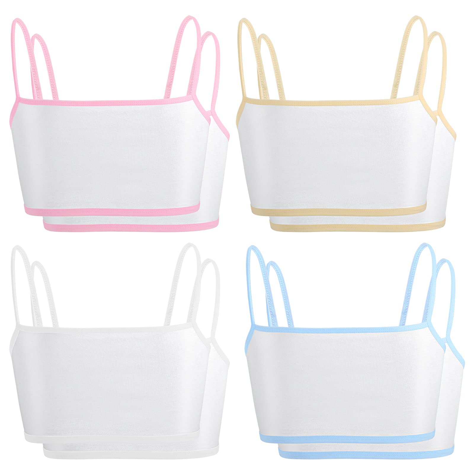 ueslwser8 Pack Cotton Teen Girl’s Sport Bra, Girls Cotton Training Crop Bra, Training Strap Bra with Elastic Shoulder Suitable, Camisole Style Lightweight Seamless Kids Sports Bra for Girls 8-12 Years White