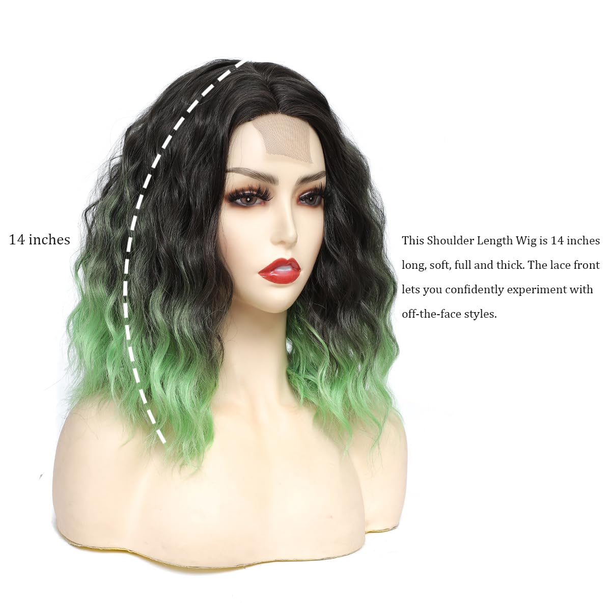 BUYOGET Medium Short Wig Wavy Bob Wig Realistic Natural Lace Front Scalp Adjustable Synthetic Shoulder Length Curly Wigs for Women Ombre Green - Image 2