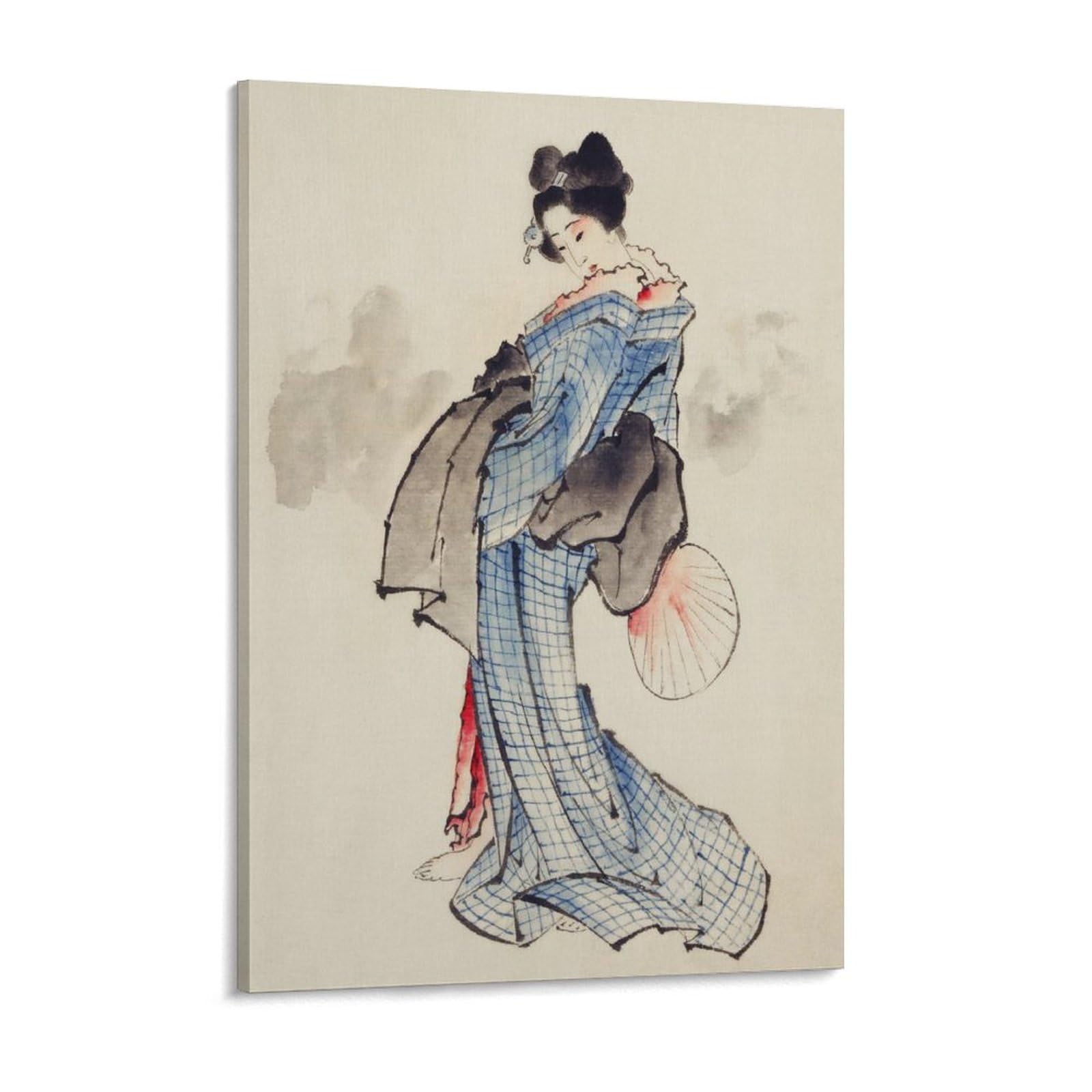 Amazon.co.jp: 絵画 扇子を持つ青い着物の女性インテリア 絵画