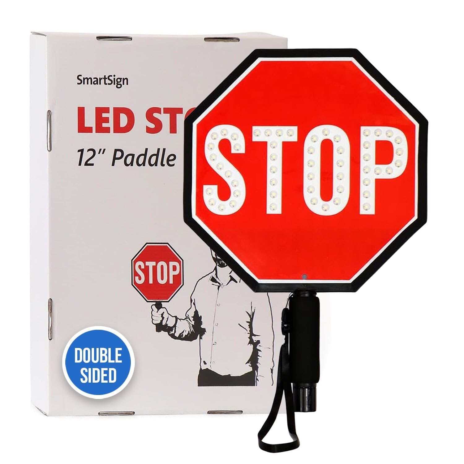 SmartSign 12" LED Stop Paddle, Rechargeable Battery & Charger, 2-Sided Reflective Hand Held Aluminum Sign with Strap, Steady/Flashing Light Modes,