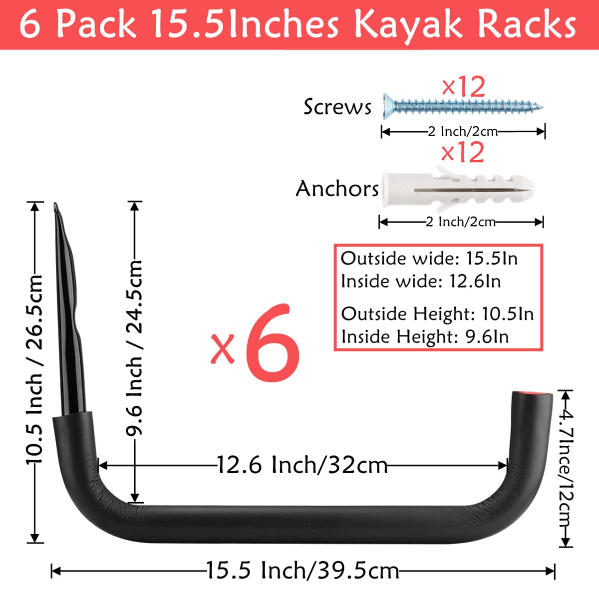 Naikozmo 6 Pack Kayak Storage Hooks, 15.5 Inch Wall Mount Canoe Hangers, Heavy Duty Snowboard Storage Rack Holds Up to 100lbs, Black+Red, 15.5Inches x 10.5''