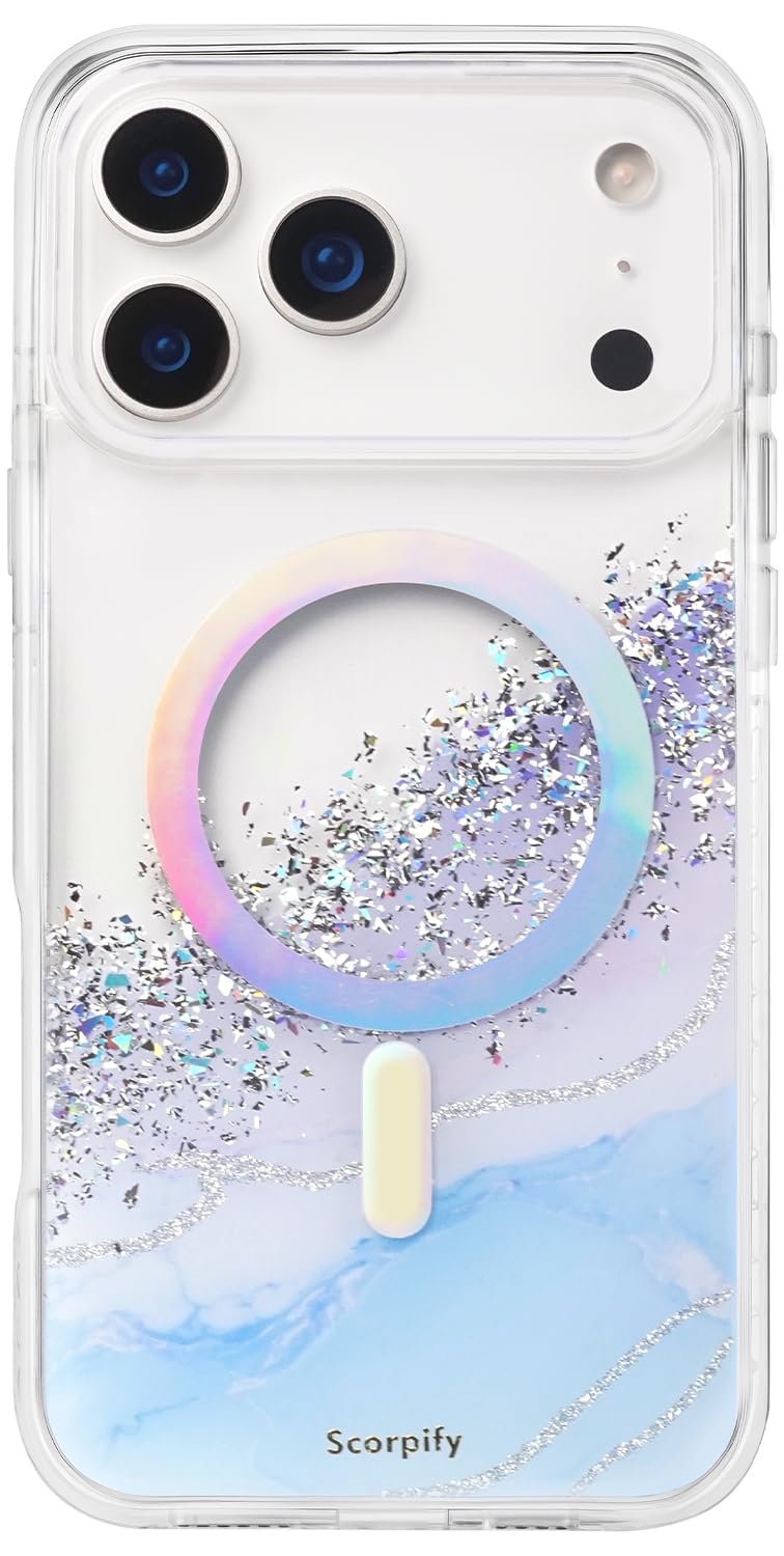 Coque iPhone 17 Pro MagSafe transparente anti-choc pailletée bleu irisé