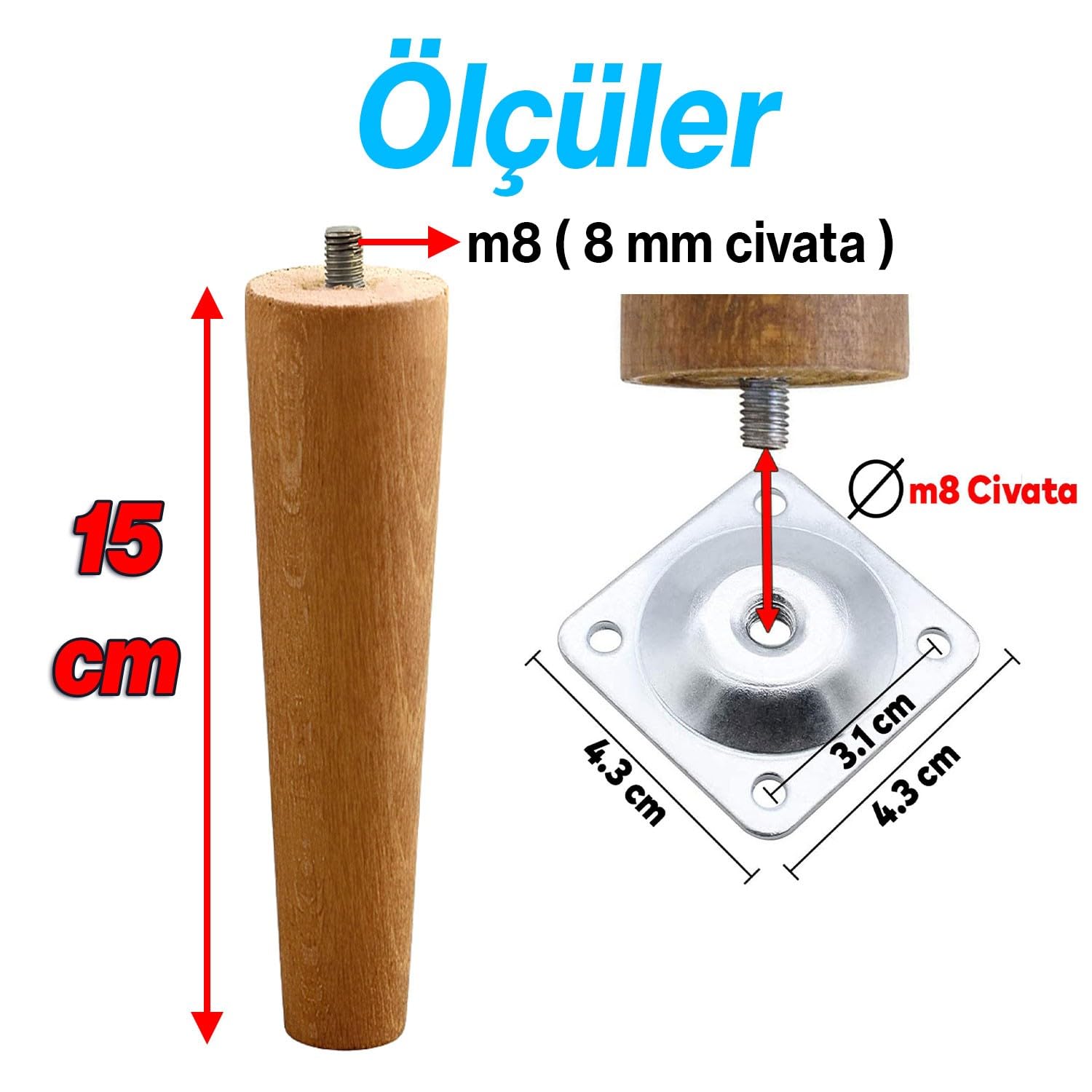 4'lü Set Ahşap 15 cm Mobilya Koltuk Kanepe Sehpa Masa Ayağı Ayakları M8 Civatalı Bağlantı Aparatlı