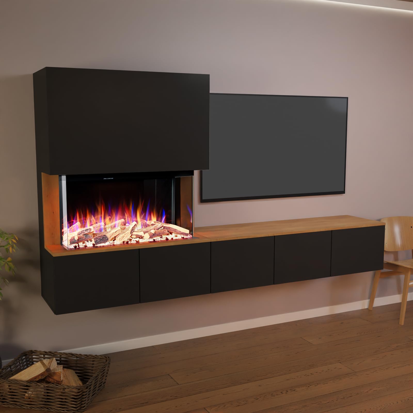 GLOW FIRE Kominek ścienny do telewizji CW5 otwarty z realistycznym ogniem LED 3D E-Motion – stojący kominek elektryczny z ogrzewaniem, kominkiem i timerem, maks. 1500 W, 250 x 139,5 x 42,4 cm, czarny