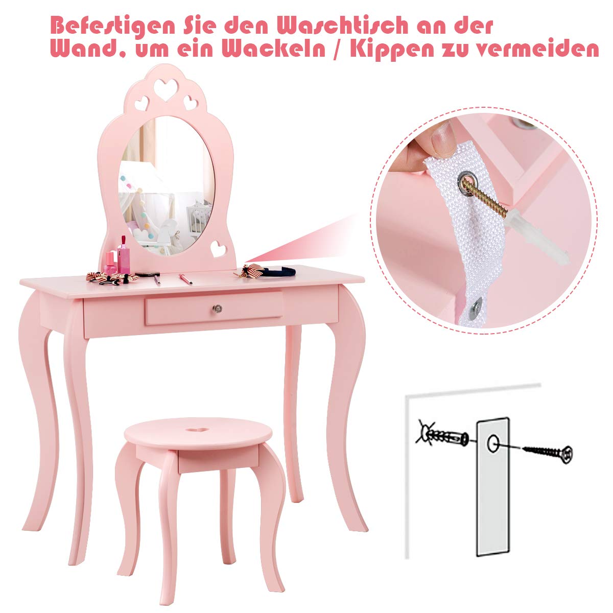 COSTWAY Kinder Schminktisch mit Hocker und Abnehmbarer Spiegel, Mädchen Frisiertisch Holz, Kindertisch mit Schublade, Spiegeltisch 70x34x105cm (Pink)