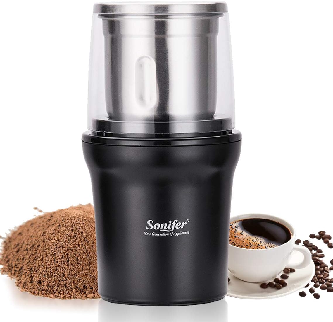 Coffee Grinder Electric 300W, 100g, Removable Bowl with Stainless Steel Blade Grinder for Coffee Bean Grinding Easy to Clean Black Sonifer